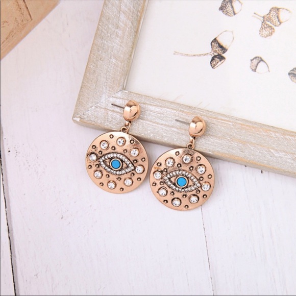 GOLD COLOR EVIL EYE EARRINGS - Picture 1 of 5